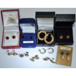 Earrings - a pair of textured 9ct gold hoop earrings; others studs, Blue John hexagons, etc 7.8g