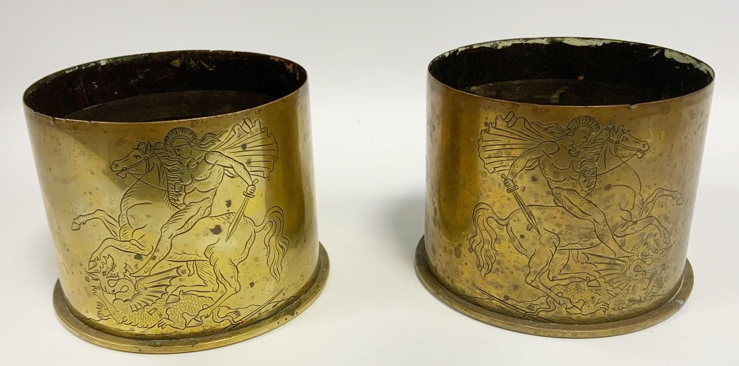 Trench Art - a pair of WWI period German shell case vases, each embossed with George and the Dragon,