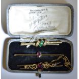 Jewellery - a Victorian red garnet scrolling razor bar brooch, 9ct gold frame; others citrine etc,