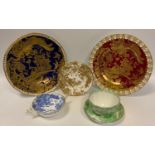 A Royal Crown Derby Red Aves cabinet plate; another, Blue Aves; a Blue Aves two handled soup bowl;