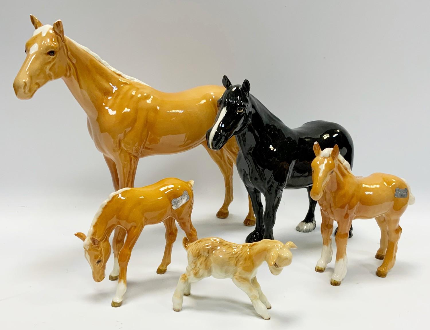 Beswick horses - Dales pony, black gloss; others, Palomino stallion, foal and foal grazing; a