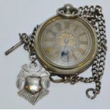 An early 20th century Achille open face pocket watch; a silver Albert chain and shield (2)