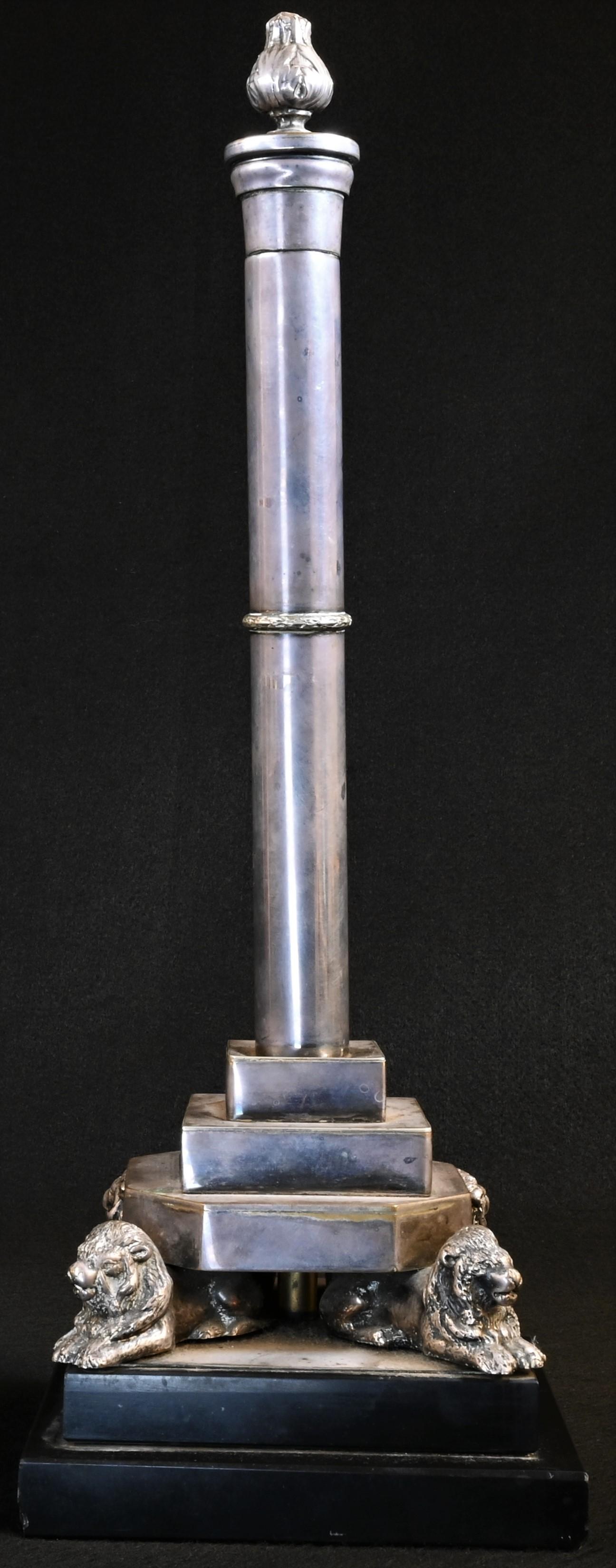 An early 20th century silver plated desk column, acanthus bud finial, stepped canted socle,