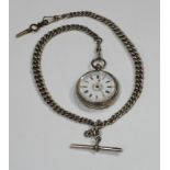 A silver fob watch with enamel face and Roman numerals, a silver chain (102.7g)
