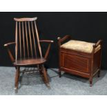 An Ercol rocking chair, elm saddle seat; a early/mid 20th century mahogany piano stool, hinged
