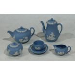 Wedgwood Blue Jasper ware toy/doll size miniatures, comprising teapot, coffee pot, milk jug, sugar