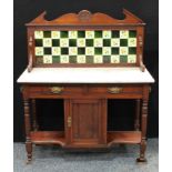An Edwardian mahogany washstand, marble rectangular top above two short drawers and a cupboard door.