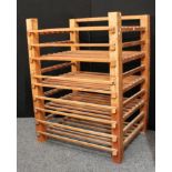 A pine textiles dying/drying rack, five open multi-railed tiers, 153cm x 115cm x 92cm