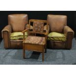 A pair of 1940s brown leatherette upholstered arm chairs, a Victorian commode chair (3)
