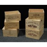 A set of six wine crates, assorted wines and sizes