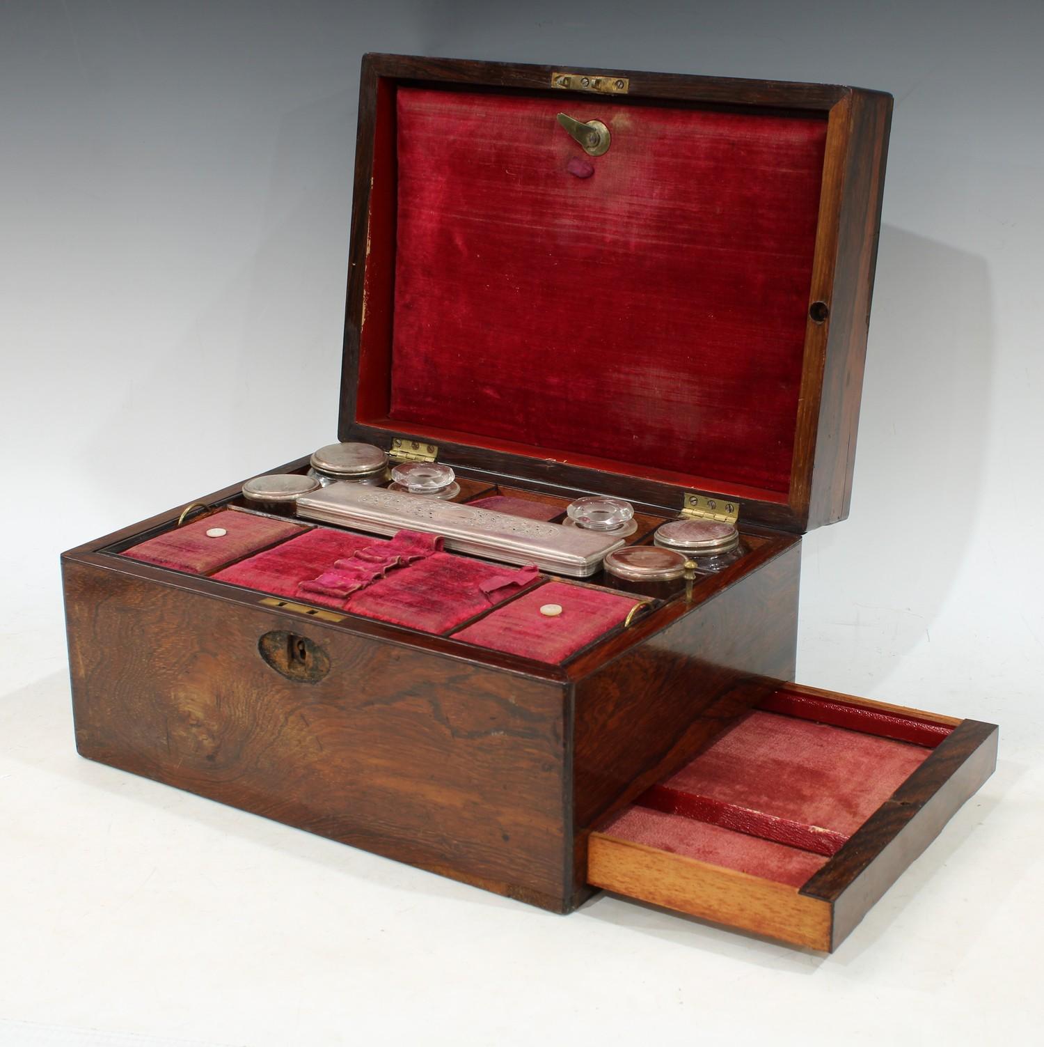 A Victorian mahogany work box, fitted with unmarked white metal topped dressing table jars, red - Image 4 of 4