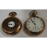 A gold plated half hunter pocket watch, white enamel dial, Roman numerals, subsidiary seconds