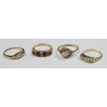 A 14 ct gold diamond ring, 2.3g; three 18ct gold rings set with diamonds, 8.5g (4)