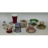 Ceramics - a Daniel 1st gadroon shape egg cup and stand, decorated with peach folaige on a green and