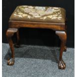 A George II style mahogany stool, drop in seat, cabriole legs, ball and claw feet, early 20th