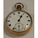 A 9ct rose gold open face pocket watch, CYMA, white enamel face, Roman numerals, subsidiary