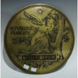 Advertising - a French circular brass plaque, Republique Francaise, Beneke Bros, 30cm diameter