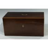 A Regency mahogany rectangular tea caddy, outlined with boxwood stringing, central silvered loop