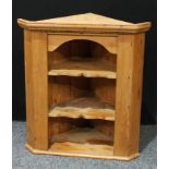 A country house pine wall hanging corner display unit, dentail cornice above two shaped shelves.