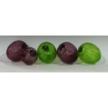 Glassware - Kugel style green and amethyst cut glass balls, each with suspension ring (5)