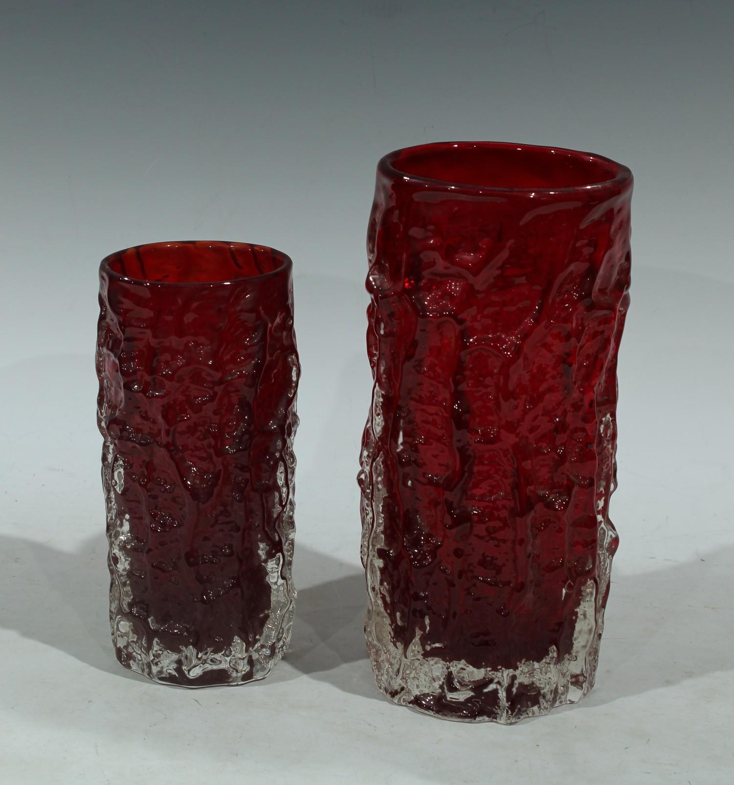 A Whitefriars red bark pattern glass vase, 9691, designed by Geoffrey Baxter, 24cm high with labels;