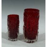 A Whitefriars red bark pattern glass vase, 9691, designed by Geoffrey Baxter, 24cm high with labels;