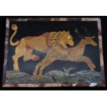 A pietra dura rectangular plaque, worked in specimen stones with a lion attacking a deer, 20.5cm x