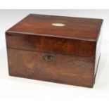 A Victorian mahogany work box, fitted with unmarked white metal topped dressing table jars, red