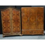 A late 20th century burr walnut vennerd triple wardrobe, 198cm high, 147.5cm wide, 56.5cm deep; an