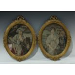 A pair of oval tapestries, embroidered with a beauty by a well and a rural gilt with pony, 20.5cm