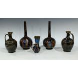 A pair of Denby majolica long neck bottle vases, mottled blue and brown glaze; a pair of Denby