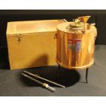 A copper Stanhop Seta cylindrical heater, wooden case, 34.5cm