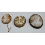 A 19th century carved shell cameo brooch, 5.5cm high; another carved shell cameo brooch, 12ct gold