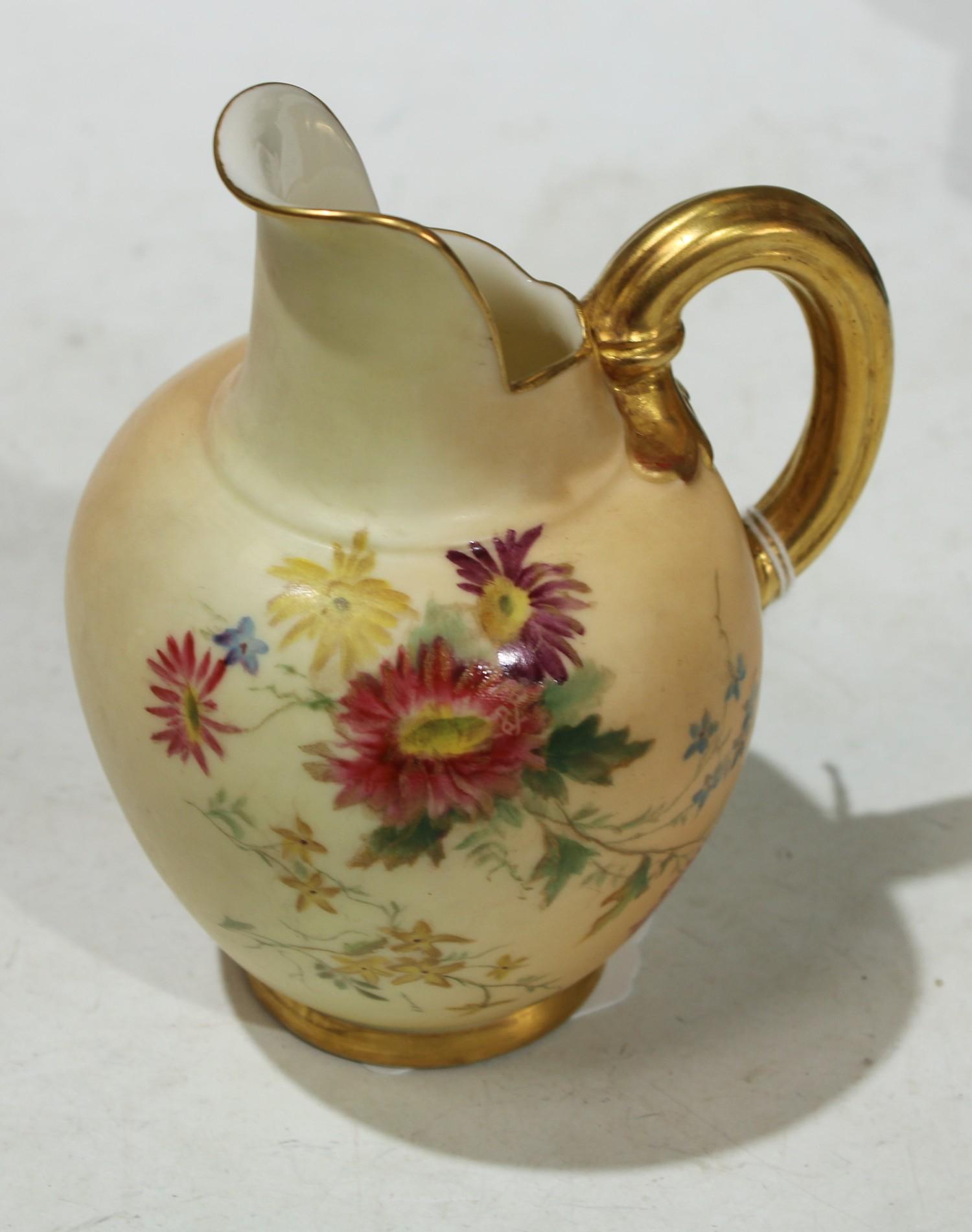 A Royal Worcester blush ivory jug, hand painted with flowers, dated 1899, 12.5cm high