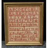 Alphabet sampler by Grace Moorfoot, Moulton 1905, 29.5cm x 25.5cm