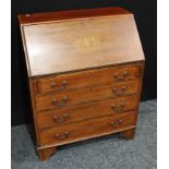 An Edwardian mahogany inlaid Sheraton revival fall front bureau, four graduated drawers, bracket