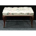 A Victorian mahogany music/drawing room stool, stuffed over deep button upholstery, straightened