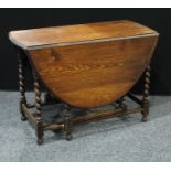 A 20th century oak gateleg table, oval top, barley twist support