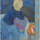 Sheila Oliner (contemporary) Seated Figure label to verso, oil on canvas, 76cm square