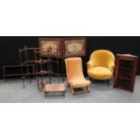 A late Victorian boudoir chair; a folding three tier cake stand; folding towel rail; folding screen;