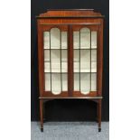 An Edwardian mahogany display cabinet, shaped half gallery, rectangular top above a pair of glazed