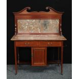 A Edwardian mahogany washstand, swan neck pediment above a rectangular marble top, two short drawers