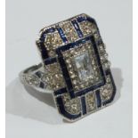 A large square Art Deco style dress ring, blue enamel (size L)