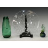 A cut glass leaf plaque on stand; a Mdina paperweight; an Art Glass teardrop vase, signed RMM (3)