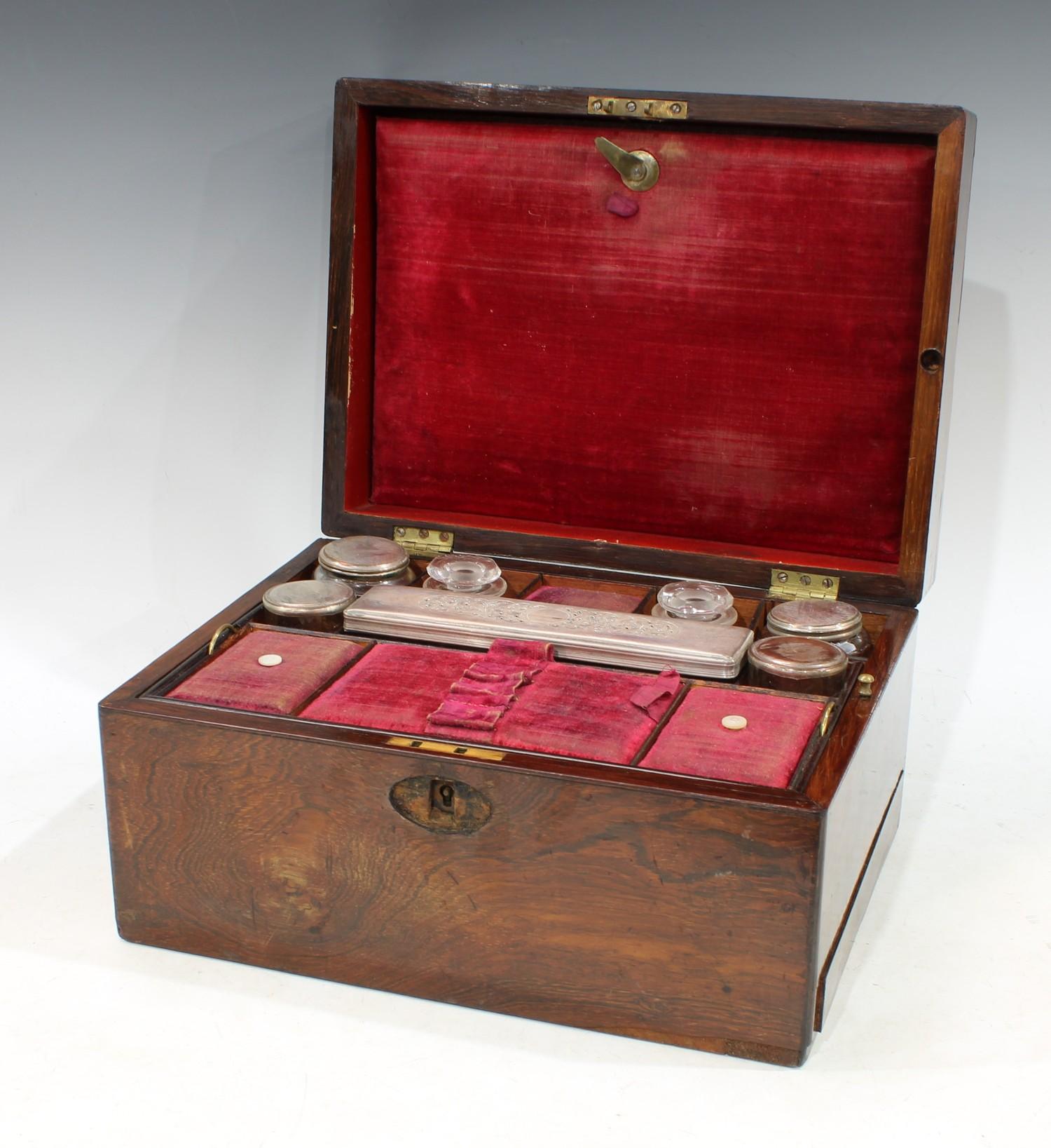 A Victorian mahogany work box, fitted with unmarked white metal topped dressing table jars, red - Image 2 of 4