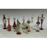 Ten Venetian scent bottles and stoppers, various colours, picked out in gilt