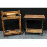 An oak hall stand, hinged glove box, turned supports, pair of drip trays, 69cm wide, 94cm high; an