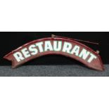 An arched arrow shaped cast iron sign, Restaurant, double sided, approx. 125cm wide