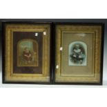 A pair of Victorian portraits of children, tinted photographic prints on opaque glass, ornate gilt