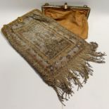 An Edwardian white metal mesh evening purse; a giouche enamel and cameo evening bag clasp (2)